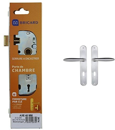 Bricard - 2674 - Serrure pour porte de chambre- d'intérieur- Electrozinguée & 984050 Set de Poignées Zamak sur Plaque pour Chambre, Porte Intérieure, Couleur : Argent