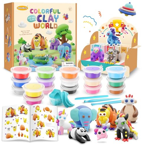 Drama Planet Air Dry Clay Kit for Kids - Comes with Instructional Guide Featuring 4 Scenes & 26 Projects Tutorials, 18 Cans of Modeling Clay, Includes Display Stand, Gift for Girls and Boys