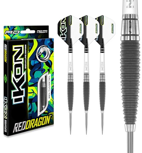 RED DRAGON Ikon 1.1 - Juego de dardos profesionales de tungsteno con punta de acero, 23 g, con plumas y espigas