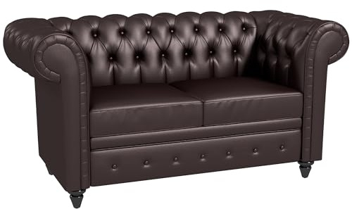 HOMCOM Divano 2 Posti Stile Chesterfield in Finta Pelle, Divanetto da Salotto Trapuntato con Braccioli e Imbottitura Spessa, Sofà con Gambe in Legno di Gomma per Soggiorno e Ufficio, Marrone