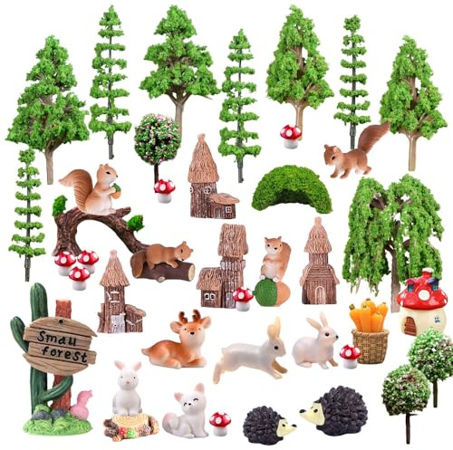 Suynauetev 42 Stück Modellbau Bäume Miniatur Fee Garten Zubehör Miniatur Deko Tiere Figuren Waldtiere Figuren Kunststoffbäume für Projekte für DIY Miniaturlandschaften Sandtisch