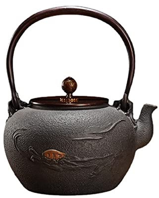 asdchZen Bollitore in Ghisa, Bollitore in Ferro Giapponese, Teiera in Ferro Grezzo Non Rivestito Dorato Artigianale Bollitore per Acqua Bollente Set da tè per La Casa (1,2 L)