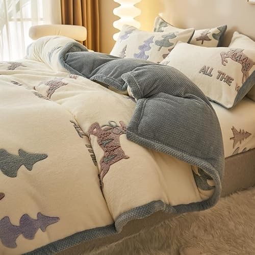 Housse de Couette Peluche 220x240 cm Multifonction Couverture Literie Couche Double épaissir Flanelle Doux Blanket Garder au chaud Blanc Forêt Cerf Motif Avec fermeture éclair et attaches de coin