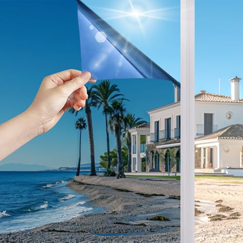 Film Fenetre Anti Regard, Film Miroir pour Fenetre à Sens Unique 44.5x100cm | Film Fenetre Anti Chaleur UV, Protection de la Vie Privée, Film Adhésif pour Bureau Magasin Maison, Bleu Argenté