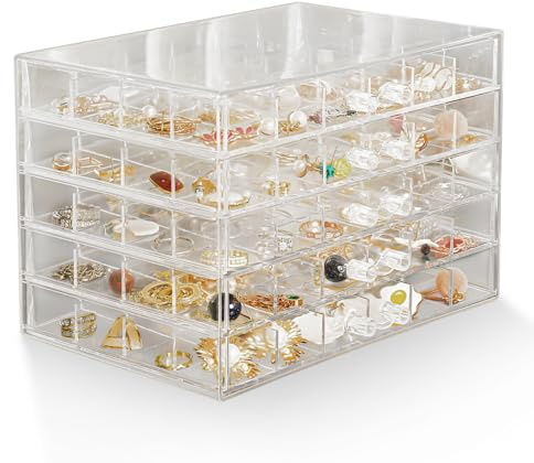 TACYKIBD Transparente Schmuckschatulle mit 5 Schubladen und Ohrringen – 120 kleine Fächer zur Aufbewahrung von Armbandringen und Präsentationsbox
