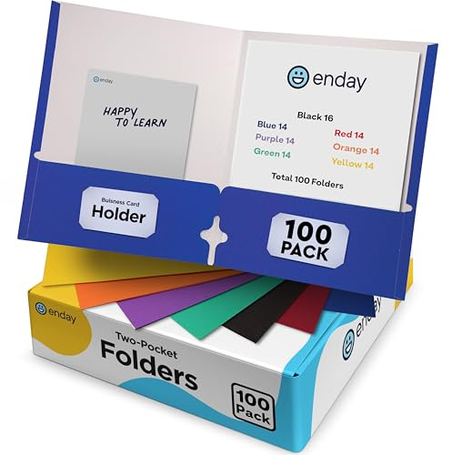 Paper Folders with Pockets (100 Pack) Assorted Colors - Letter Size Two Pocket Folder, Premium Quality Bulk - Purple, Blue, Green, Red, Yellow, Orange & Black, by Enday