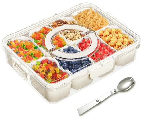 Vilomdur Snackbox mit 8 Fächern Snackteller, Snackschale mit Deckel und Griff, Quadratische Snack Box Groß für Gewürze, Snacks, Süßigkeiten, Früchte, Nüsse, Geeignet für Partys, Reisen, Picknicks