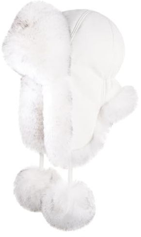 Futrzane Fliegermütze - Schapka Uschanka Damen - Fell Trapper Mütze aus Leder (L, Weiß - Weiß mit Schwarz Siberian)