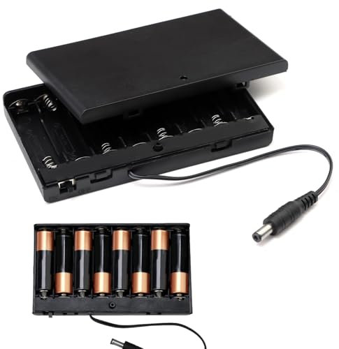 12V 8 x AA Battery Holder Case with 2.1mm x 5.5mm DC Plug and ON/OFF Switch Plastic Open Battery Storage Box for Christmas Light Strip, LED Strips, DIY, Solenoids,150mm Leads Wire
