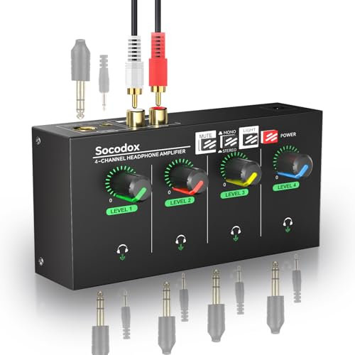 socodox Amplificateur de Casque à 4 canaux avec Prises RCA 3,5 mm/6,35 mm, mélangeur Compact en métal avec 8 Ports de Sortie pour Casque, Interrupteur stéréo, Fonction muet, lumière RVB (4 canaux)