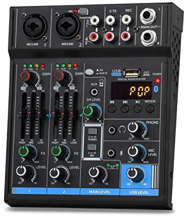 YQVEOT Mezclador de Audio Profesional Interfaz Profesional de 4 Canales Mini Mezclador USB Tarjeta de Sonido 48V Phantom Power Studio Grabación Consola de Mezclas de DJ para grabación de Estudio
