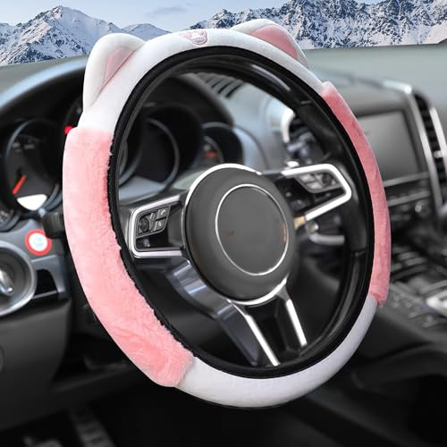Flaconi Car Cover wheel Fuzzy Steering Protector with Cat Ears (Pink), 15 Inch