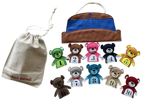 10 in the Bed Finger Puppet Set – Colorful Bear Finger Puppets with Numbers with a Bed Storage Bag– Fun Nursery Rhyme Toy for Kids, Early Learning, Storytelling & Imaginative Play