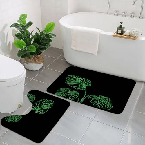 KGDHY 2 Pieces Bath Mat and Toilet Mat Set,Green Leaf Tropical Monstera Leaves Jungle Plant Green Black Geometric Art,Pattern Quick Dry Bathroom Mats,Non-slip Bathtub Rug for Bathroom Sink Toilet