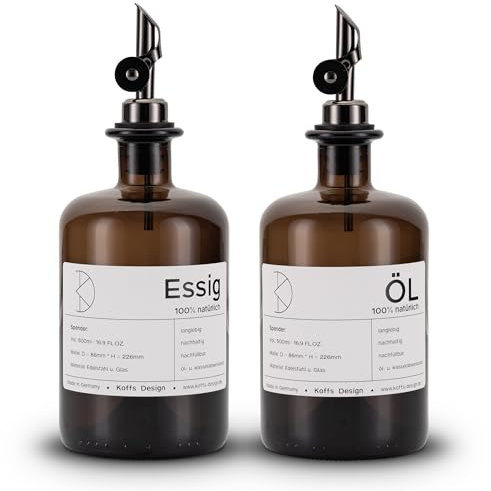 Koffs Design Bottiglie di olio da riempire, moderno dispenser di olio in vetro marrone con beccuccio in acciaio inox, bottiglie stampabili individualmente per ogni contenuto, 500 ml, dispenser per
