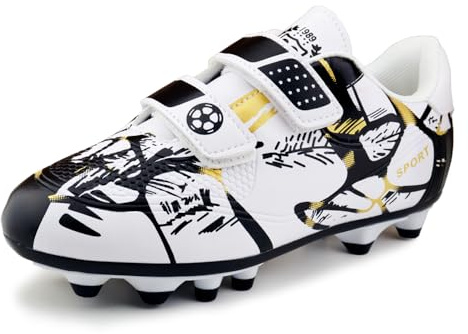 Zapatos de Fútbol Niños Zapatillas de Fútbol Zapatos de Entrenamiento Exteriores Zapatos Deportivos Antideslizantes Unisex Blanco Oro 28EU
