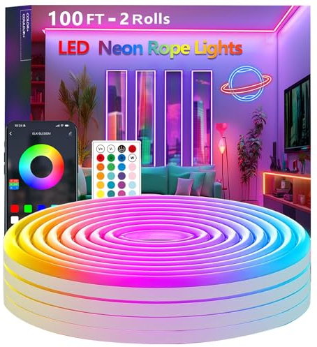 Bvokon 30M Neon Rope Lights,Flexible Led Rope Light Control with App/Remote,Multiple Modes,Music Sync,IP65 Outdoor RGB Led Strip Lights Waterproof