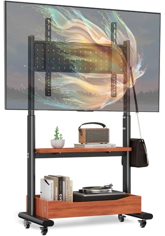 Hovadova Mobile TV Cart Rolling TV Stand with Large Storage Cabinet and Pegboard Storage for 32-75 Inch Screens, Heavy Duty Portable Floor TV Stand on Wheels, Hold Up to 132 lbs, Max VESA 600x400mm