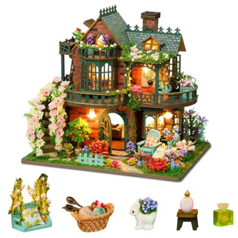 Kit maison de poupée miniature à faire soi-même - Maison de poupée en bois fabriquée à la main avec lumières LED - Cadeau unique pour adolescents - Jardin féerique