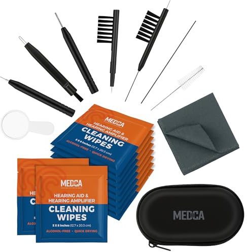 Hearing Aid Cleaning Kit - 20 Piece Tool Set with Case, 10 Hearing Aid Cleaner Wipes, and Magnifying Glass for Hearing Aids, Earbuds, Headphones, Ear Molds, Amplifiers & Small Electronics