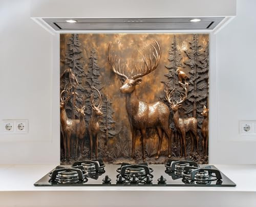 Myphotostation, paraschizzi in vetro con scena di cervo bronzo, 76 x 76 cm, per stufa, paraschizzi in vetro temperato, paraschizzi in vetro per cucina, protezione da parete per fornelli, tagliere