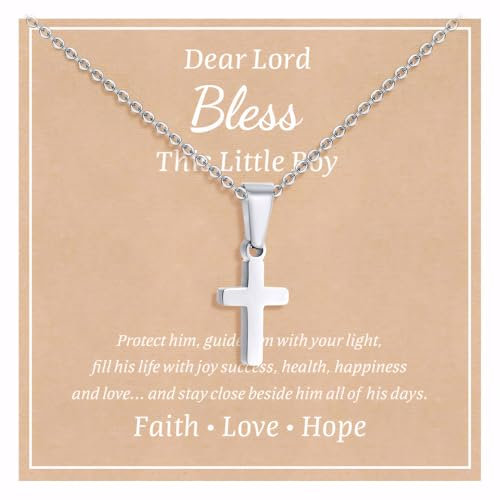 Jewl Aoer Stainless Steel Cross Silver Necklace for Boys, First Holy Communion Baptism Christian Gifts for Teenage Boys Son Nephew Toddler for Birthday Easter Christmas