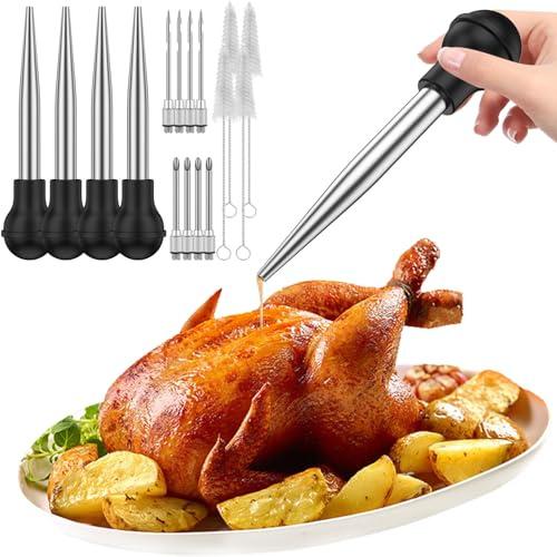 Stainless Steel Turkey Baster for Cooking, Turkey Baster Syringe with Silicone Bulb, Cleaning Brush and Different Needles, Oiling and Marinating Injector for Meat Beef Pork Fish