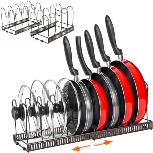 BEJAGWUS Pfannen Topfdeckel Organizer Küchen,Topf Organizer Schublade | 10 verstellbaren Fächern,Erweiterbarer Küchenzubehör,Topfdeckelhalter,Deckelhalter,Tellerständer,Kohlenstoffstahl,Schwarz