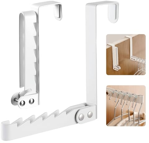 Over Door Clothes Drying Rack 2Pcs Folding Steel Hanging Coat Rack Foldable Portable Over Door Clothing Hangers with 5 Grooves Behind Door Clothes Drying Hook Hanger for Clothes Coat Jackets (White)