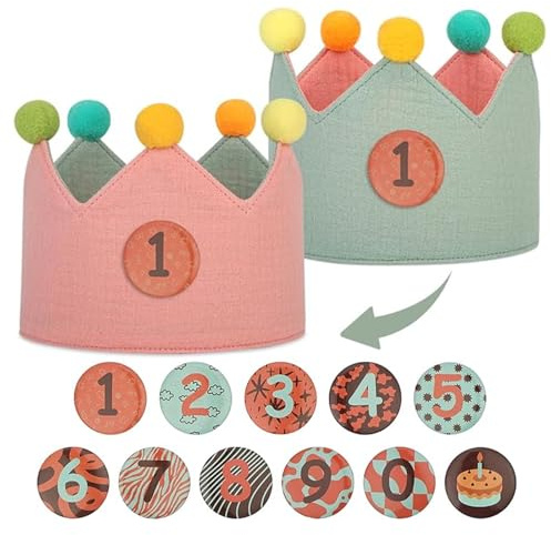 URAQT Corona Cumpleaños, 1 pcs Corona de Infantil Cumpleaños Reversible con Números Intercambiables del 0 al 9 niños y niñas con Ajustable Aniversario Años o Meses, Botones de velcro, Verde claro+Rosa
