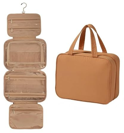 Flaxarne Braun Kulturtasche Damen  für Reisen,Kulturbeutel zum Aufhängen mit 360°Drehbare Haken,für Makeup, Toilettenartikel,Kulturtasche,30×22×12cm