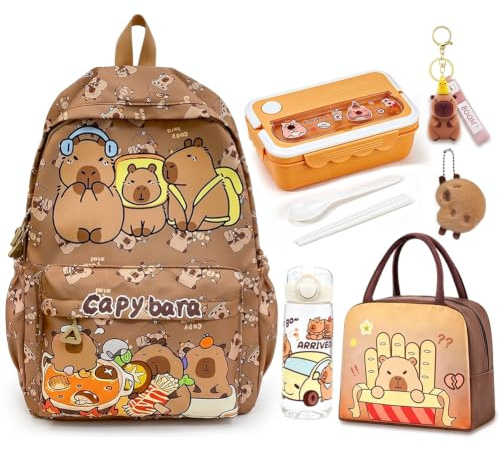 Capybara Schoolbag Cartoon, Sac à Lunch Isotherme, Animés Bento Lunch Box, Bouteille d'Eau Mignonne, Sac à Dos Scolaire Grande Capacité Kawaii Capybara Backpack & Porte-Clés, Cadeau pour enfants (D)
