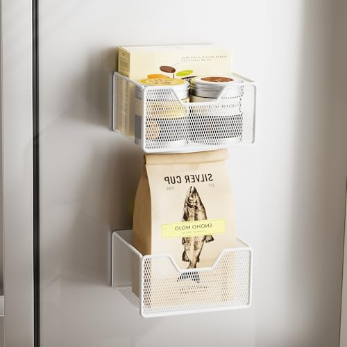 Restorgan Magnetisk korg organiseringshållare, 2-pack magnetisk hylla för kylskåp, köksorganisering och förvaring kylskåpshyllor för kylskåp, whiteboard klassrum - vit