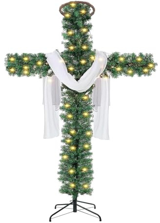 180cm Weihnachtskreuz-Weihnachtsbaum mit Lichtern,faltbares Kreuz,beleuchtetes künstliches Kiefern-Weihnachtskreuz,für den Außenbereich, Funkelnde Weihnachtsbäume,mit LED-Licht und Seidenschal (1.5M)