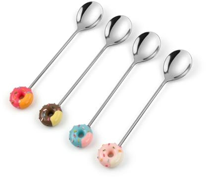Samlonge 4 Pezzi Cucchiaini da Caffè Carini, Cucchiaio per Dessert a Forma di Ciambella, Cucchiaio per Mescolare in Acciaio Inox, Mini Cucchiai Durevoli per Tè Frappè Bevande Fredde Gelato