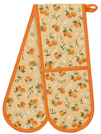 Orange Oven Mitts Heat Resistant Orange Double Oven Gloves with Loop Non-Slip Cute Oranges Design Cotton Gloves Extra Long for Kitchen Cooking Baking Barbecue Grilling