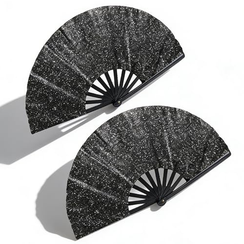 Huamai Trade 2-Pack Large Clap & Applause Fans Premium Nylon Fabric, Folding Hand Fans with Dynamic Flash Pattern,Ideal for Line Dancing, Raves, Festivals, Gigs & Parties (Black)