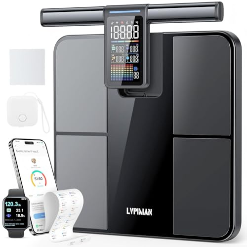 LVPIMAN Smart Scale for Body Weight and Fat,BMI,Muscle Mass 57 Body Composition Measurement,8 Electrodes Digital Bathroom Scale,with 5.25-inch VA Color Screen on Retractable Handle,485lbs