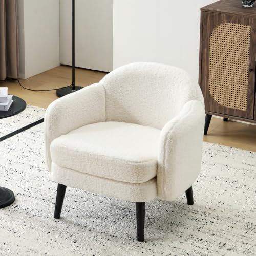 Bonnlo Sessel, Gepolsterter Cocktailsessel, Lesesessel, Clubsessel, Moderner Loungesessel für Wohnzimmer, Schlafzimmer, Büro oder Wartebereich, belastbar bis 113 kg, Teddyplüsch, Weiß