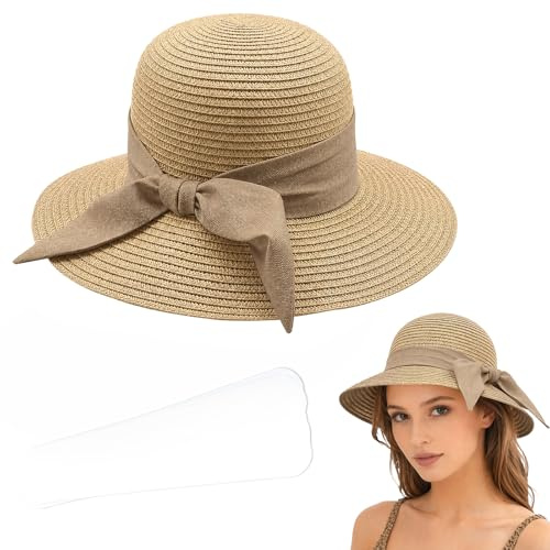 Celsano Klappbare Breitrand-Sonnenhut mit Schleife, Strohhut für Damen, Enthalten 10 Stück Schirmrand-Schutzaufkleber, Leicht und Verstellbar für Strand Urlaub Alltag