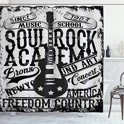 ABAKUHAUS Retro Cortina de Baño, La música Rock Imagen del Cartel, Material Resistente al Agua Durable Estampa Digital, 175 x 220 cm, Beige y Negro