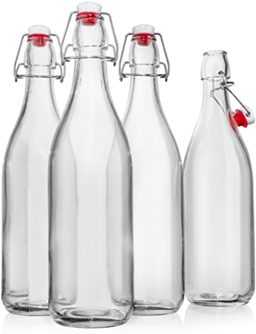 Swing Top Glass Bottles [1 Liter / 33 fl. oz.] [Pack of 4] – Flip Top Coquito Bottles for Kombucha, Fermentation, Beer, Kefir, Wine – Airtight Stopper Lids with Extra Gaskets, Funnel, Labels & More