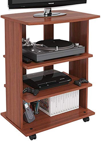 BAKAJI Mobile TV in Legno MDF con 3 Ripiani Porta Console Videogiochi DVD e 4 Ruote Mobiletto Carrello Porta Televisore Design Moderno Dimensione 60 x 45 x 80,5 cm (Ciliegio)