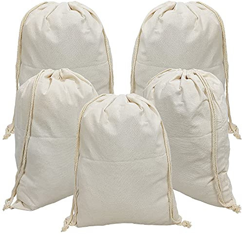 Freletry 5 PCS 14x18/35x45cm Drawstring 100% Cotton Muslin Bags Reusable Storage Bag for Shopping Home Kitchen Food Grocery Vegetable Storage etc. (5 PCS 14x18/35x45cm)