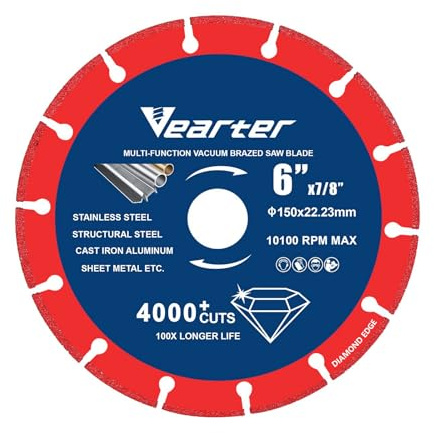 Vearter Disco Diamantato Brasato Sottovuoto da 150 mm, Disco da Taglio per Metalli da 6'' x 7/8'' per Acciaio Inossidabile, Ghisa, Alluminio, Ottone, Metallo