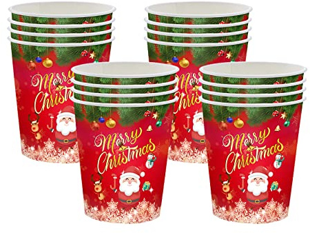 YAAVAAW 16Pcs Party Paper Cups, Merry Christmas Tableware Decor Red Santa Snowman Elk Pattern Disposable Dinner Cups for Birthday Parties & Xmas Supplies