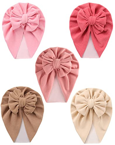 SEAUR Turbanmützen Baby Mädchen 0-12 Monate Neugeborene Turban Mütze Weich Stretch Beanie Hut Newborn Stirnband Shooting Babymütze - 5 Stück L