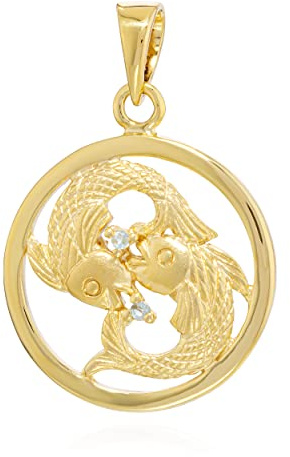 NKlaus 15mm Pendentif signe astrologique Poissons 333 or jaune 8 carats aigue-marine Zodiac avec pierre de naissance 14042