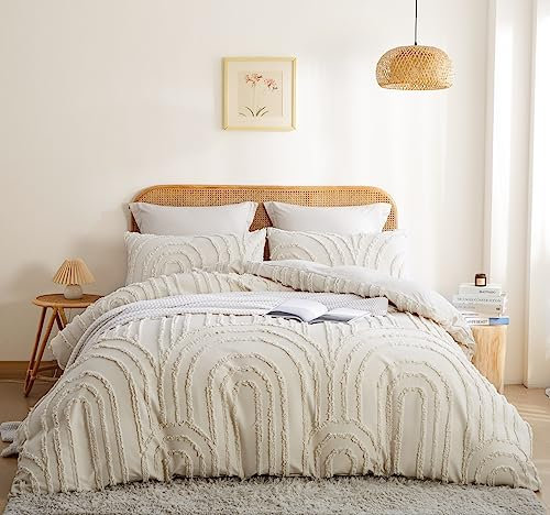 Lanqinglv Boho Bettwäsche 135x200 cm Beige Getuftet Exquisite Stickerei Geometrisch Chic Vintage Böhmisch Bettbezug 135x200cm mit Reißverschluss und 1 Kissenbezüge 80x80cm