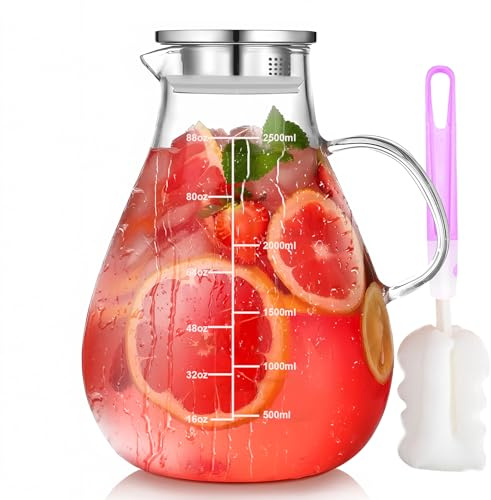 NEEMOSI Karaffe Glas mit Deckel, 2500ML Hitzebeständige Hochborosilikat Glaskaraffe mit Siebeinsatz, Wasserkrug mit Reinigungsbürste für Hausgemachte Getränke/Eistee/Milch/Kaffee/Wein/Heißtee/Wein